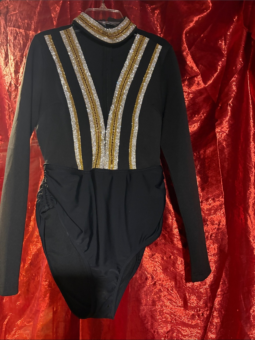 Black Long-Sleeve One-Piece Pageant Swimsuit with Gold & Silver Rhin Accents
